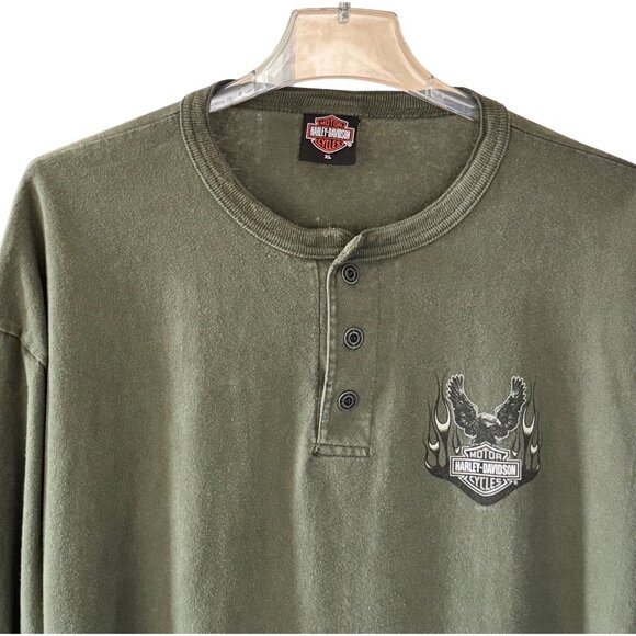 Harley-Davidson XL Green Henley Long Sleeve Shirt W/ UAE Live Free Graphic - Picture 2 of 7